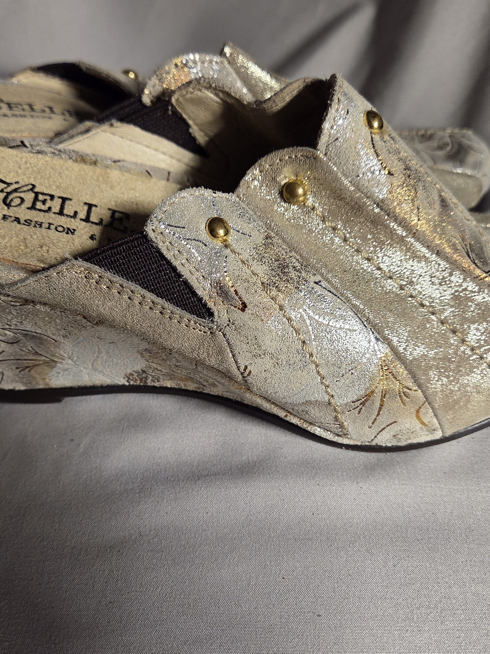 Shimmery Gold Floral-Embossed Slip-On Mules